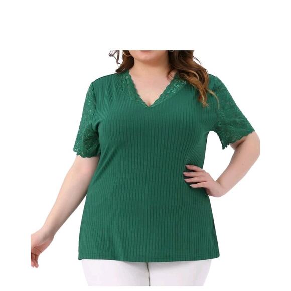 Amazon Tops - Agnes Orinda Plus Size Top Women V Neck Green Short Sleeve Elegant Lace Sz 3XL